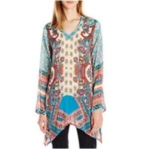 Johnny Was 100% Silk Georgette Paisley Crinkle Tunic Blouse Top Plus Size 1X